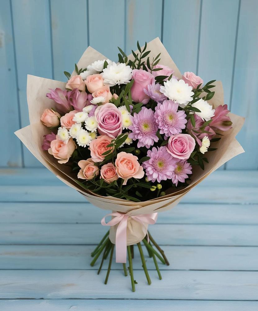 Букет цветов из: Хризантемы, Розы и Альстромерии в Лямино