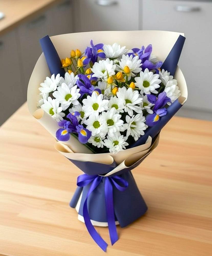 Букет цветов из: Розы, Ирисы и Хризантемы в Лямино