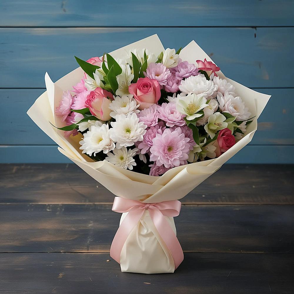 Букет цветов из: Хризантемы, Альстромерии и Розы в Лямино